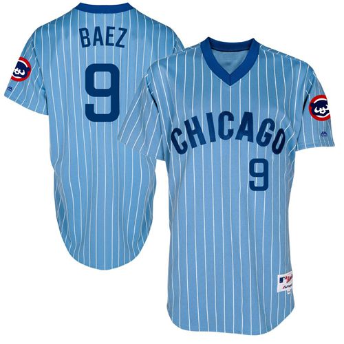 Cubs #9 Javier Baez Blue(White Strip) Cooperstown Throwback Stitched MLB Jersey - Click Image to Close
